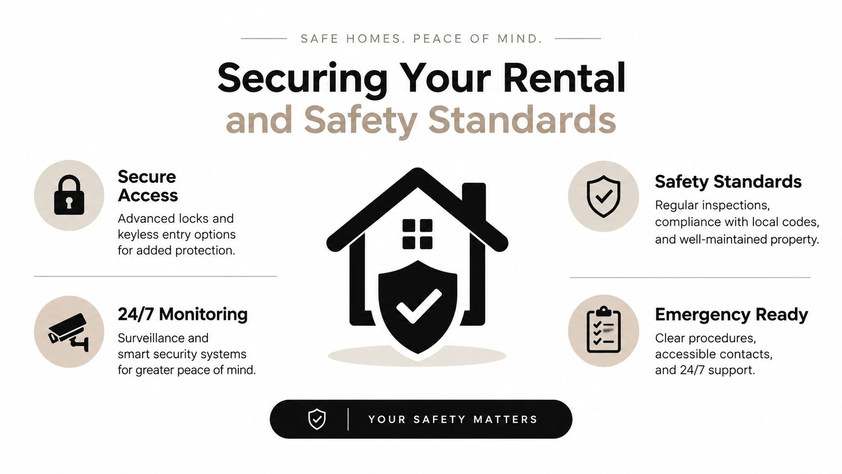 An infographic titled Securing Your Rental and Safety Standards, highlighting property security features, monitoring, and emergency protocols.