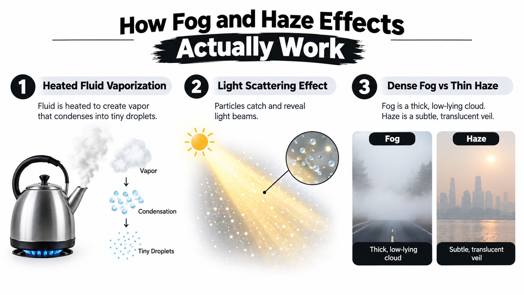 A diagram explaining how fog and haze effects work through fluid vaporization, light scattering, and density differences.
