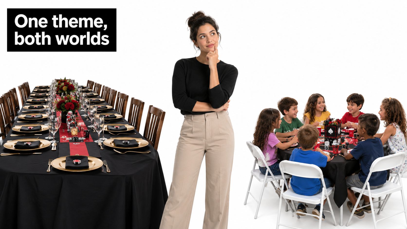 A woman stands between an elegant adult dinner table and a children's party table, both casino-themed.