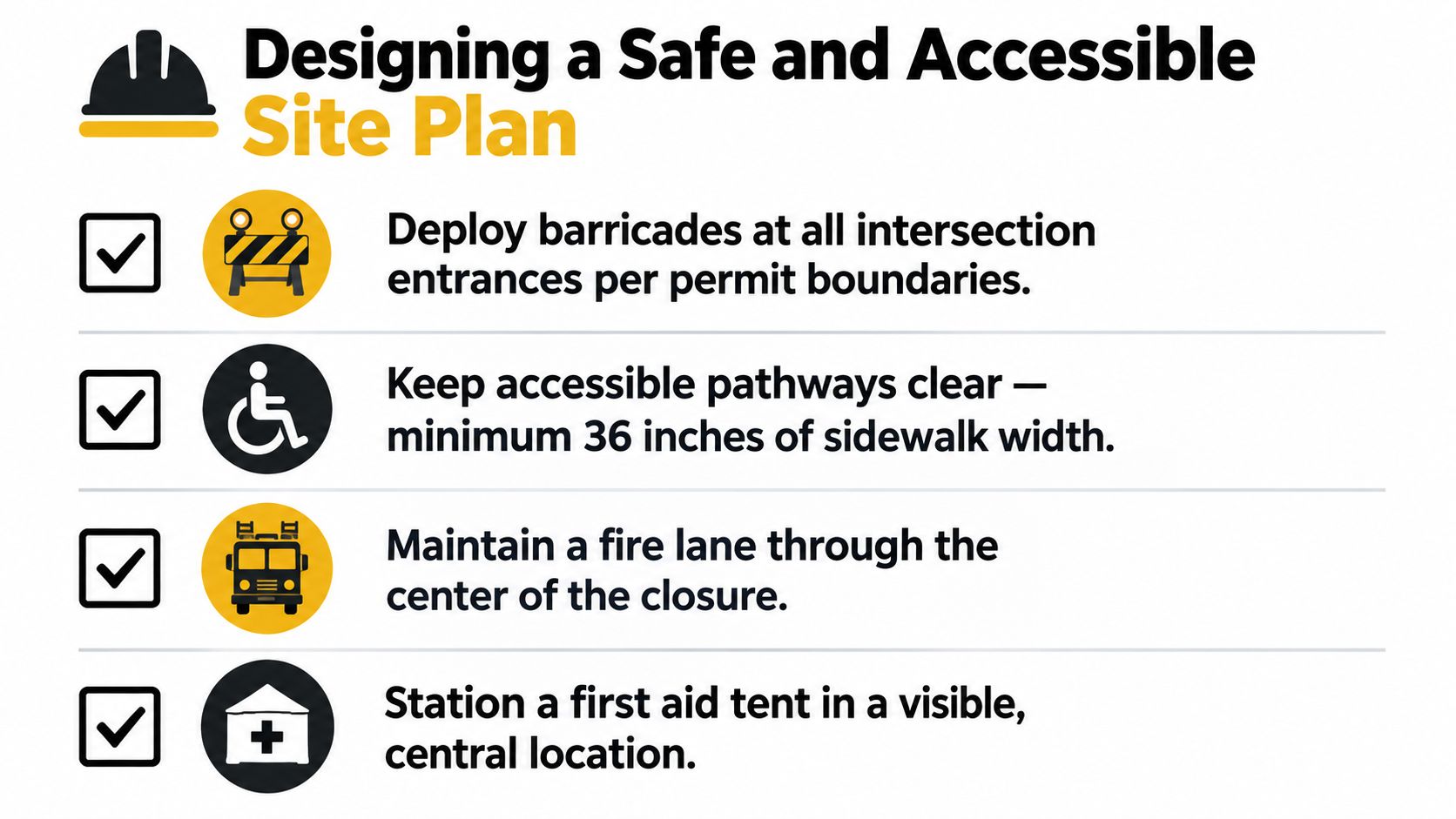 An infographic titled Designing a Safe and Accessible Site Plan featuring safety icons and checklist instructions.