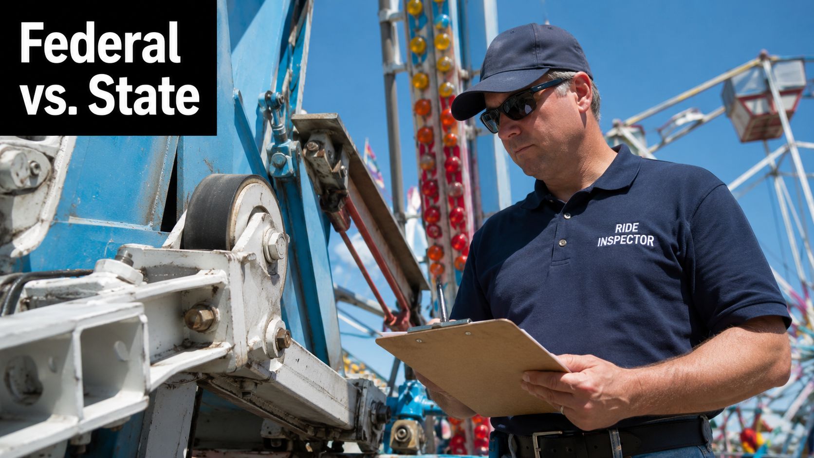 A professional ride inspector wearing a uniform and hat inspecting amusement park equipment with a clipboard.