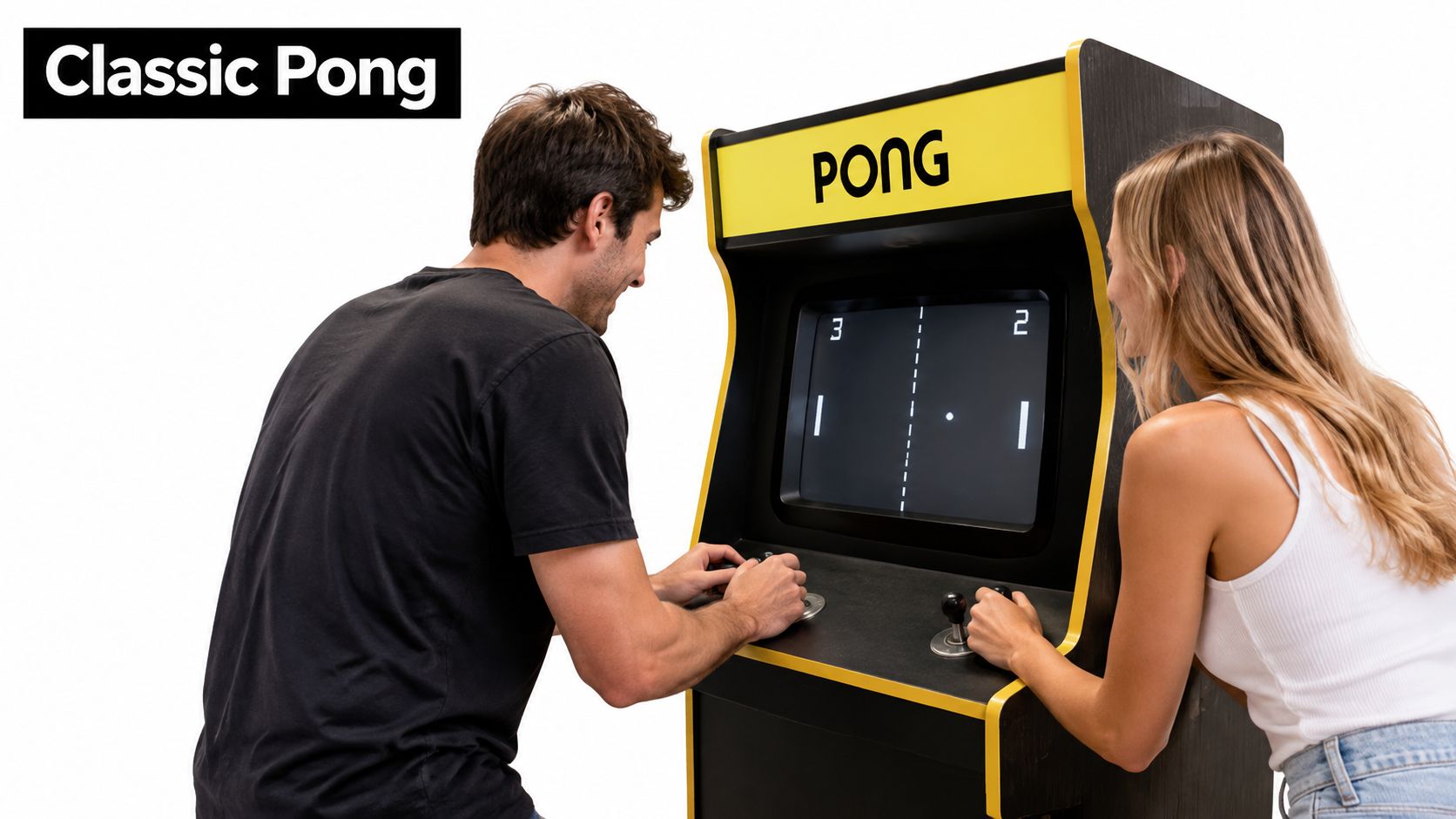 A man and a woman playing a classic arcade Pong game together in a bright studio.