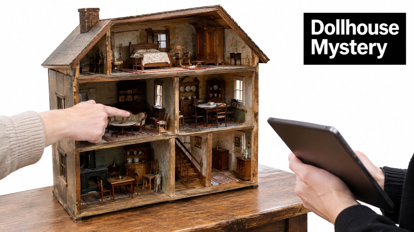 A person pointing at a miniature wooden dollhouse while another person holds a tablet nearby.