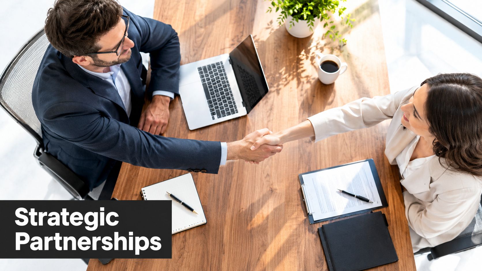 A professional man and woman shaking hands over a wooden office desk during a business meeting.