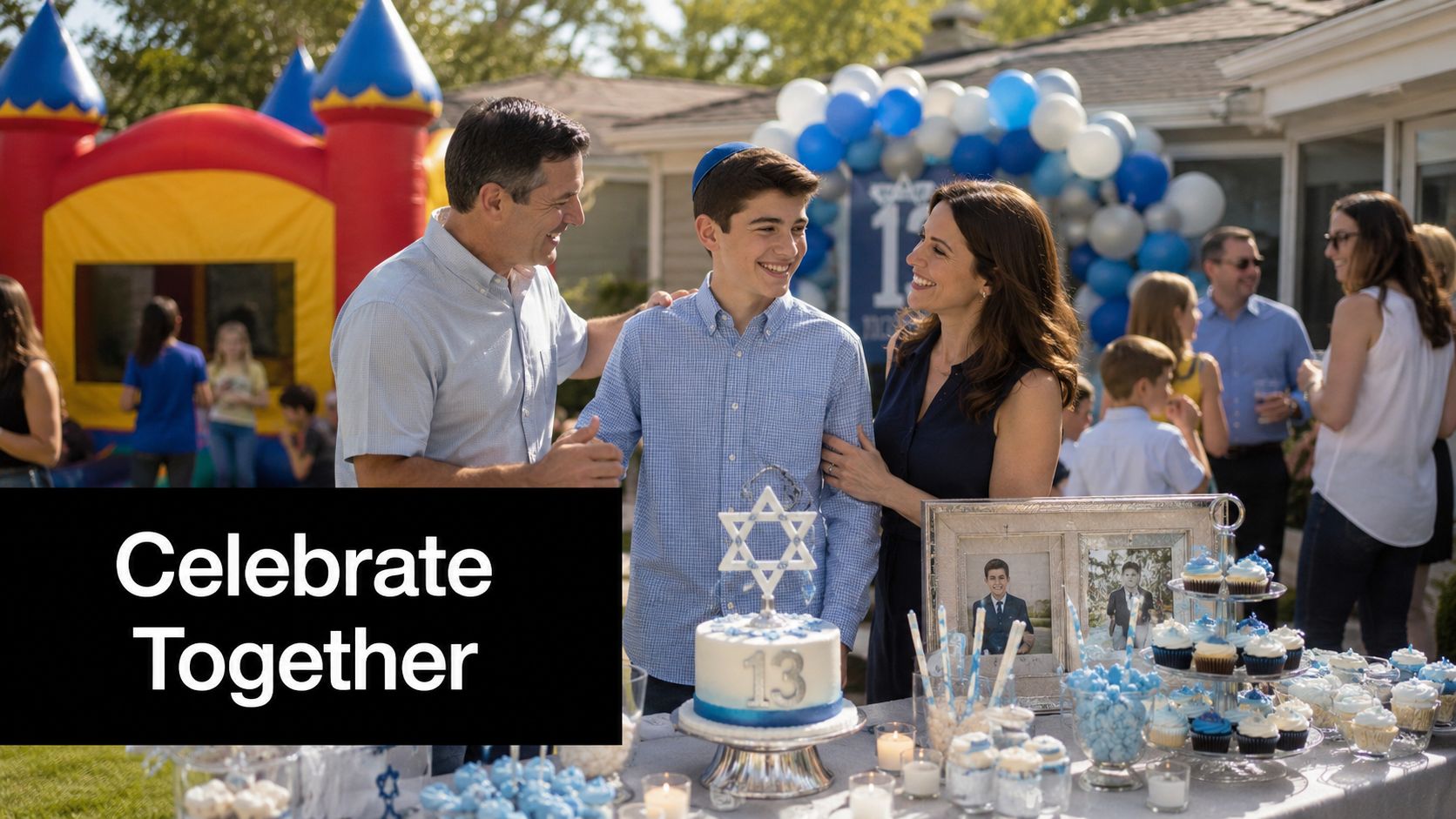A family celebrating a young boy's Bar Mitzvah with a party featuring a cake and balloons.