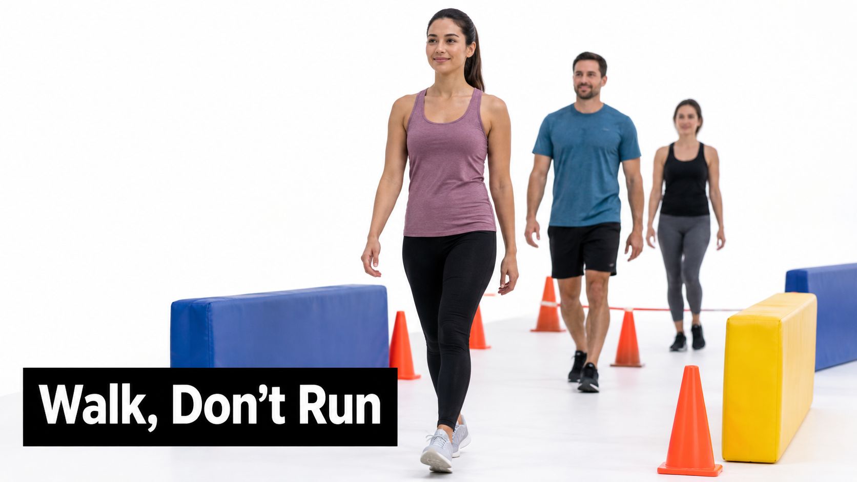 A group of people practicing walking exercises with safety cones and foam blocks in a studio.