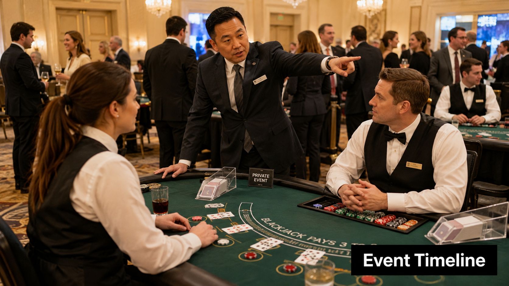 A professional manager gives directions to employees standing at a green blackjack table in a casino venue.