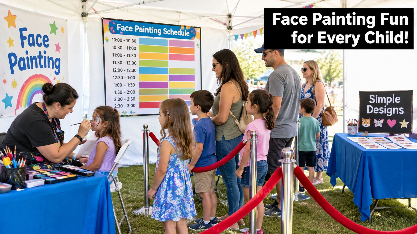 A professional face painter applies colorful art to a young girl's face while children and parents wait.