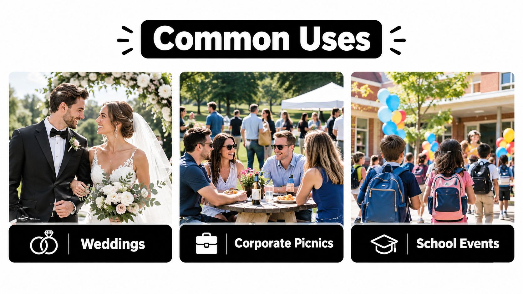 A collage showing three common uses for party tents including weddings, corporate picnics, and school events.