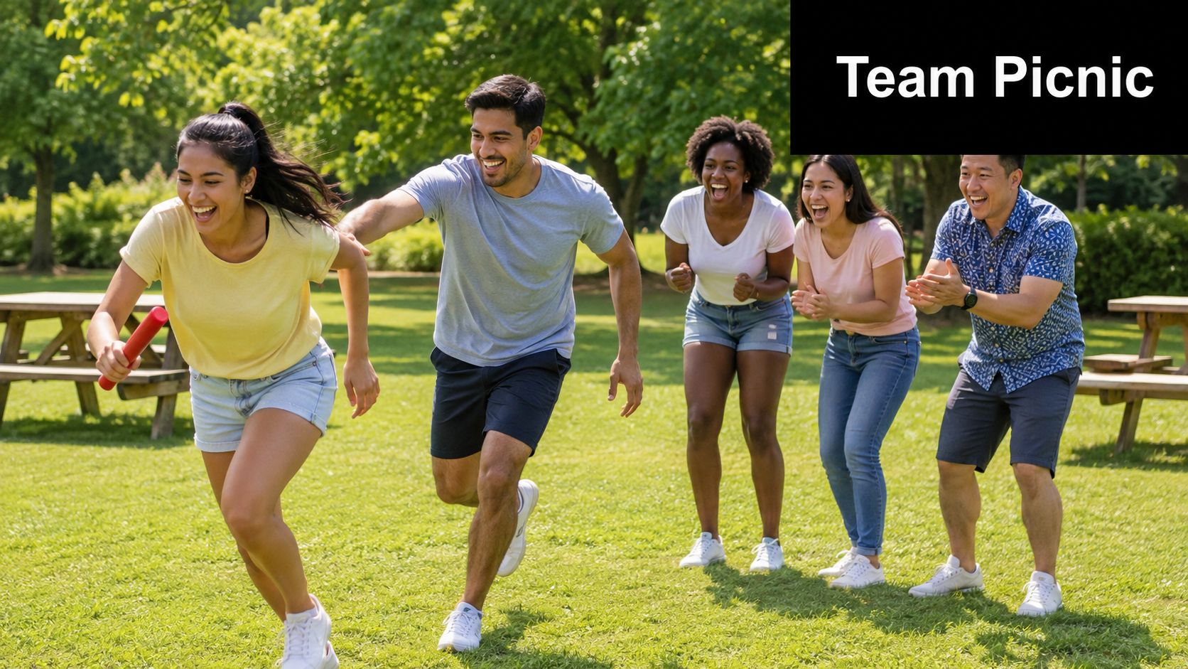 A diverse group of friends having fun racing with a baton during a sunny outdoor team picnic.