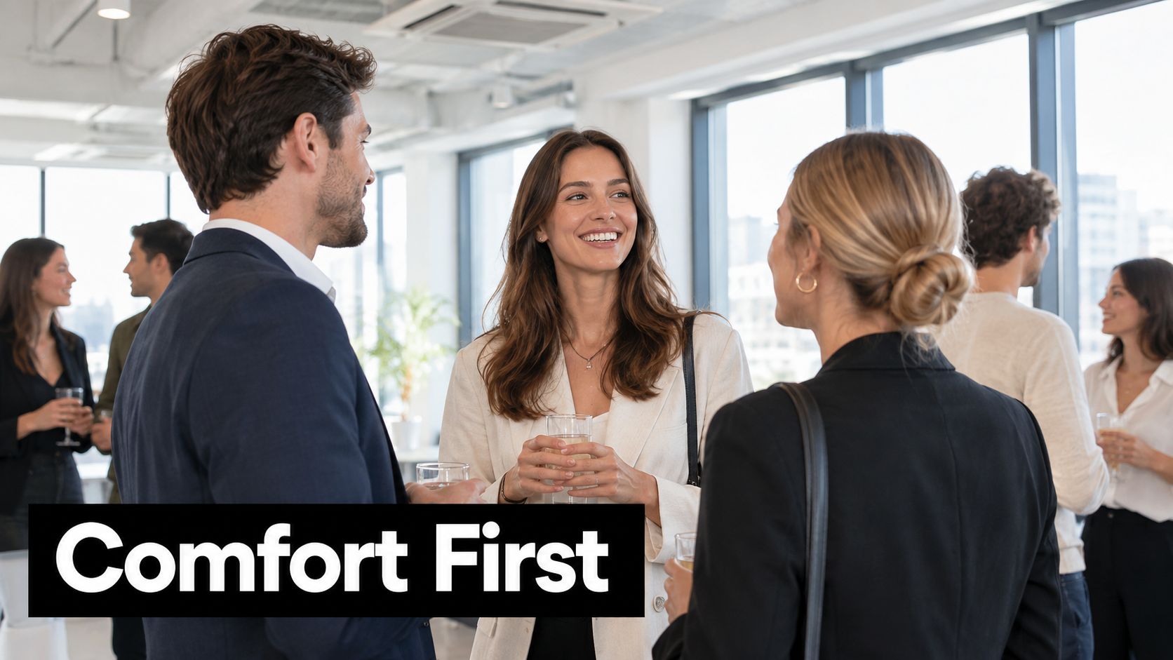 A professional group of colleagues socializing with drinks during a corporate networking event in an office.