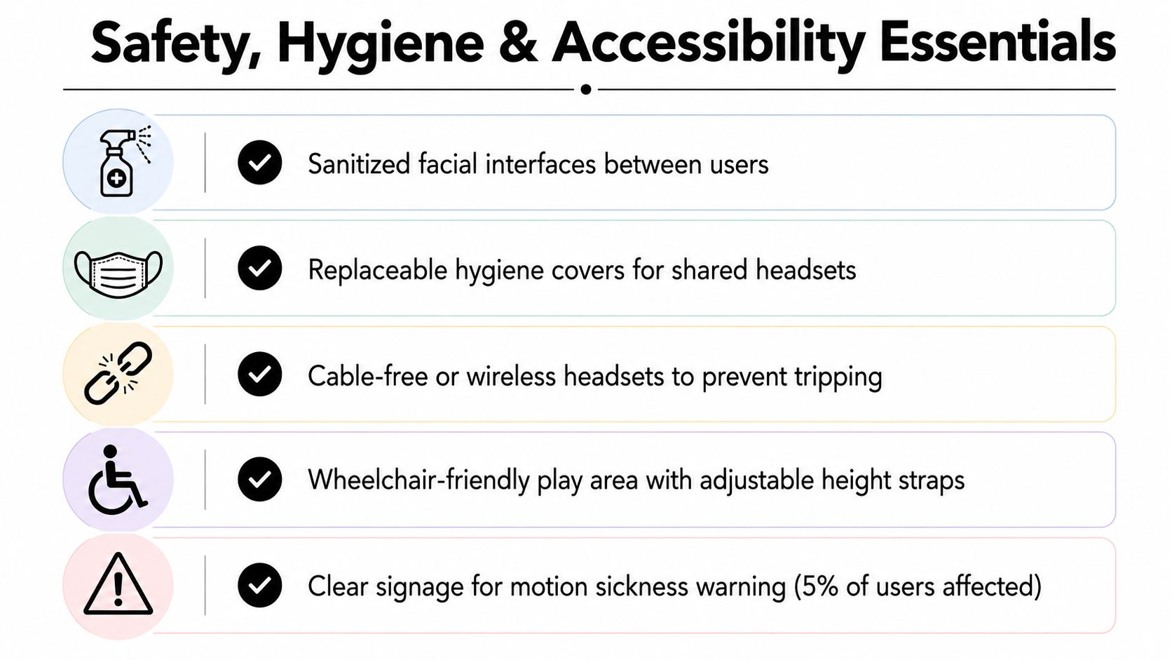 A safety and hygiene infographic list for virtual reality equipment and accessibility standards in gaming environments.