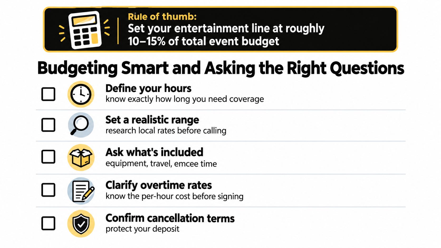 An infographic checklist for budgeting entertainment services at an event, suggesting a 10-15 percent cost allocation.