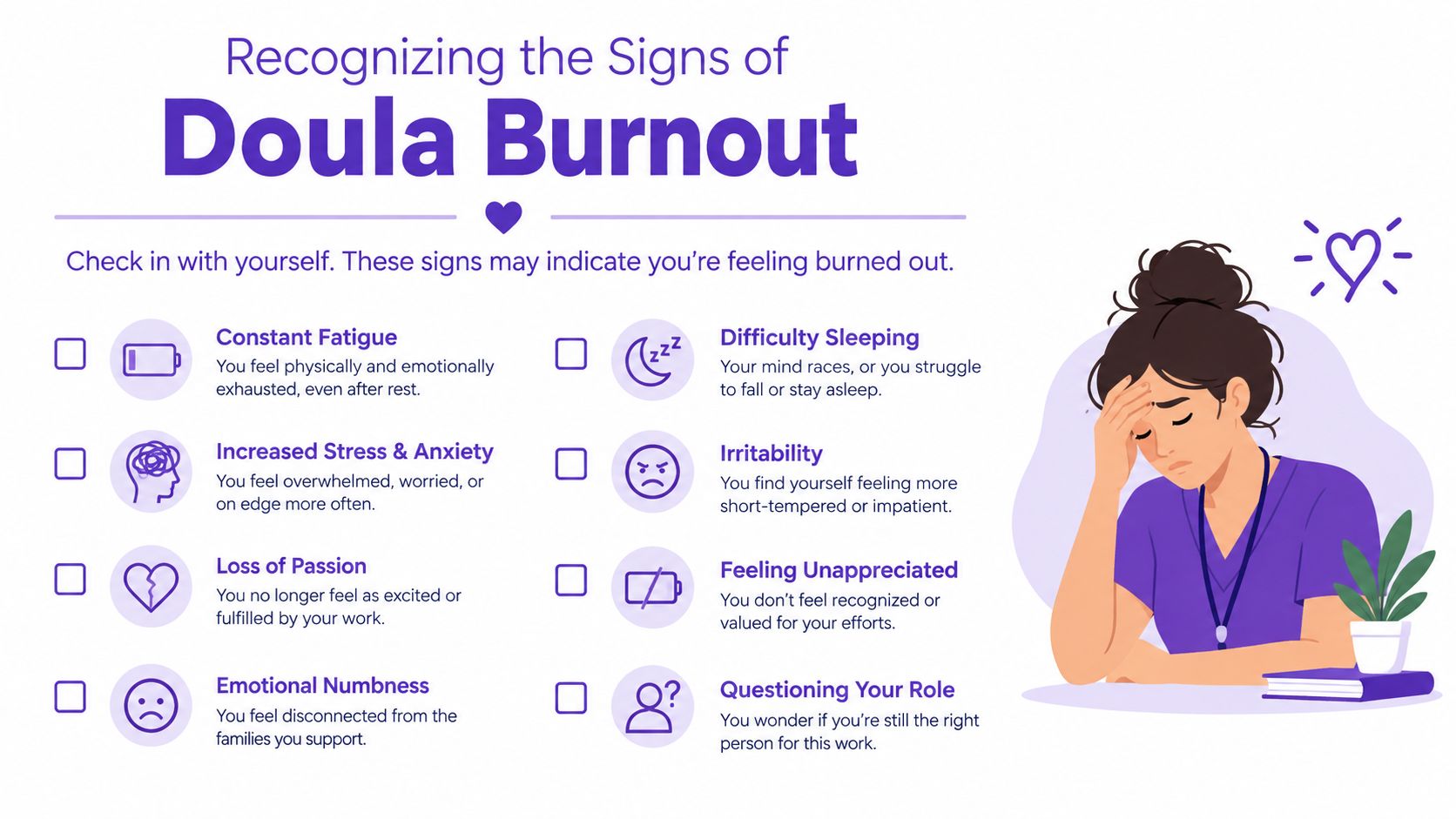 An infographic titled Recognizing the Signs of Doula Burnout, featuring a stressed person and eight common symptoms.