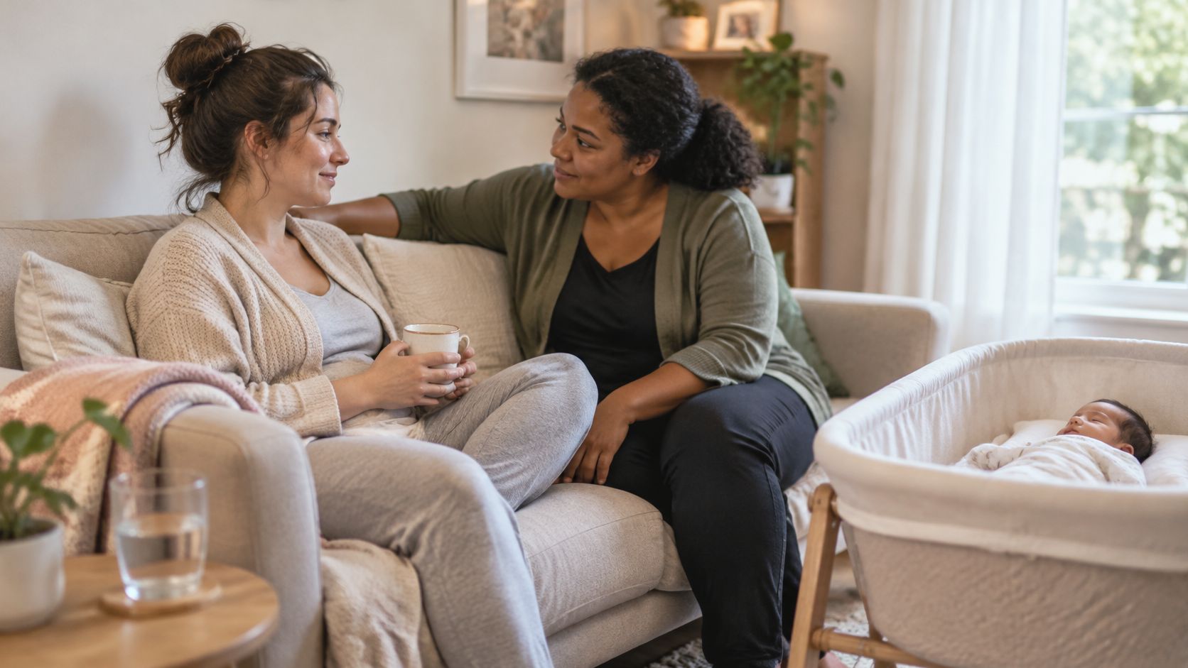 A caring doula sitting on the couch and talking with a new mother holding a coffee mug.