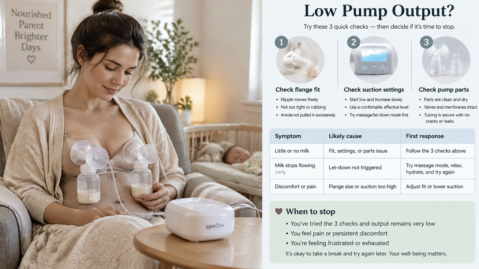 A woman using a breast pump while sitting in a chair with an infographic about pump troubleshooting.