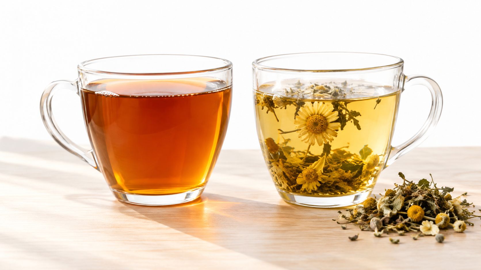 A cup of black tea and a cup of chamomile tea next to dried chamomile flowers.