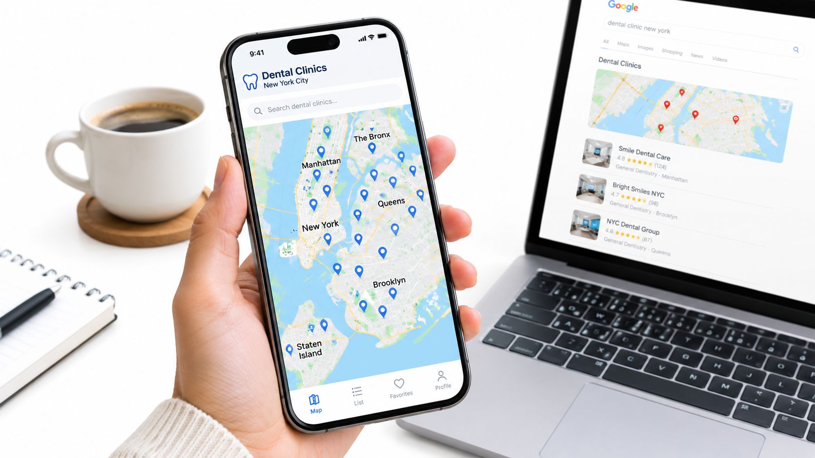 A hand holding a smartphone displaying a dental clinic map app in New York City.