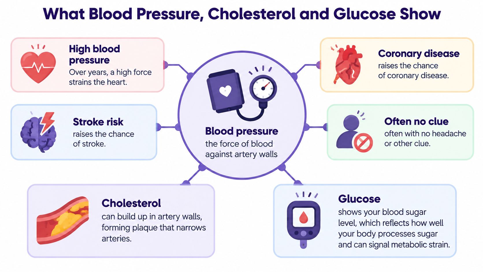 An infographic showing how blood pressure, cholesterol, and glucose levels impact heart health and stroke risk.