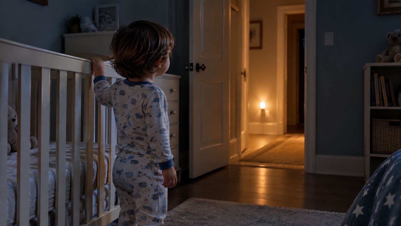 A toddler in pajamas standing by their crib looking out into the dimly lit hallway at night.