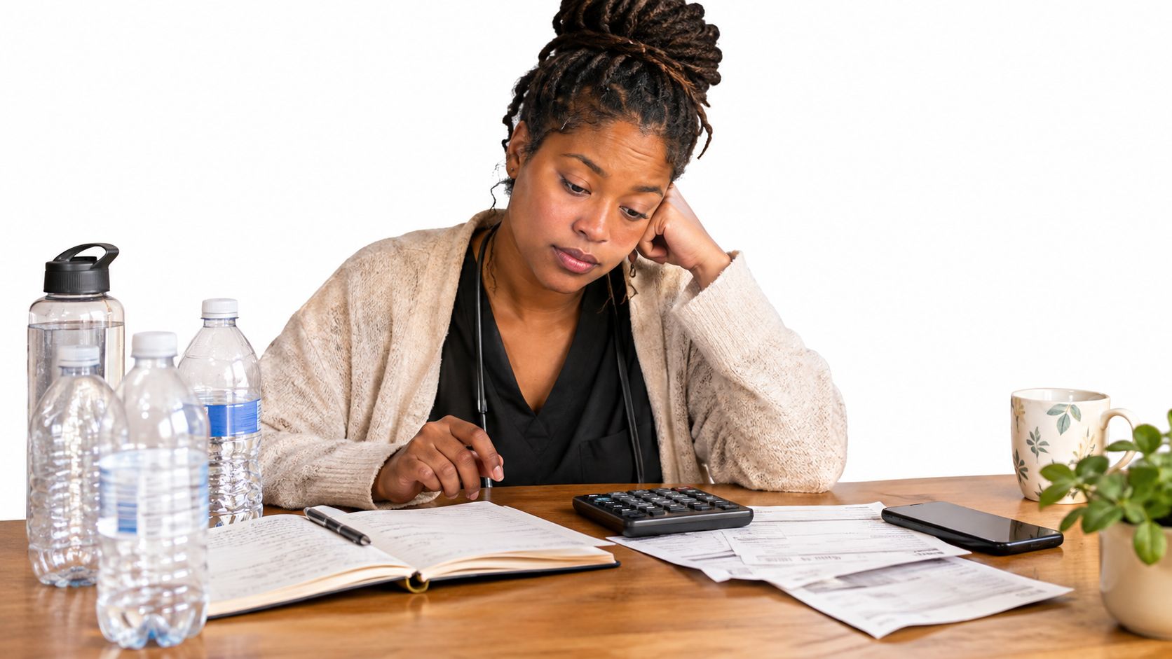 A tired doula working at a wooden desk with financial papers, calculator, water bottles, and a plant.