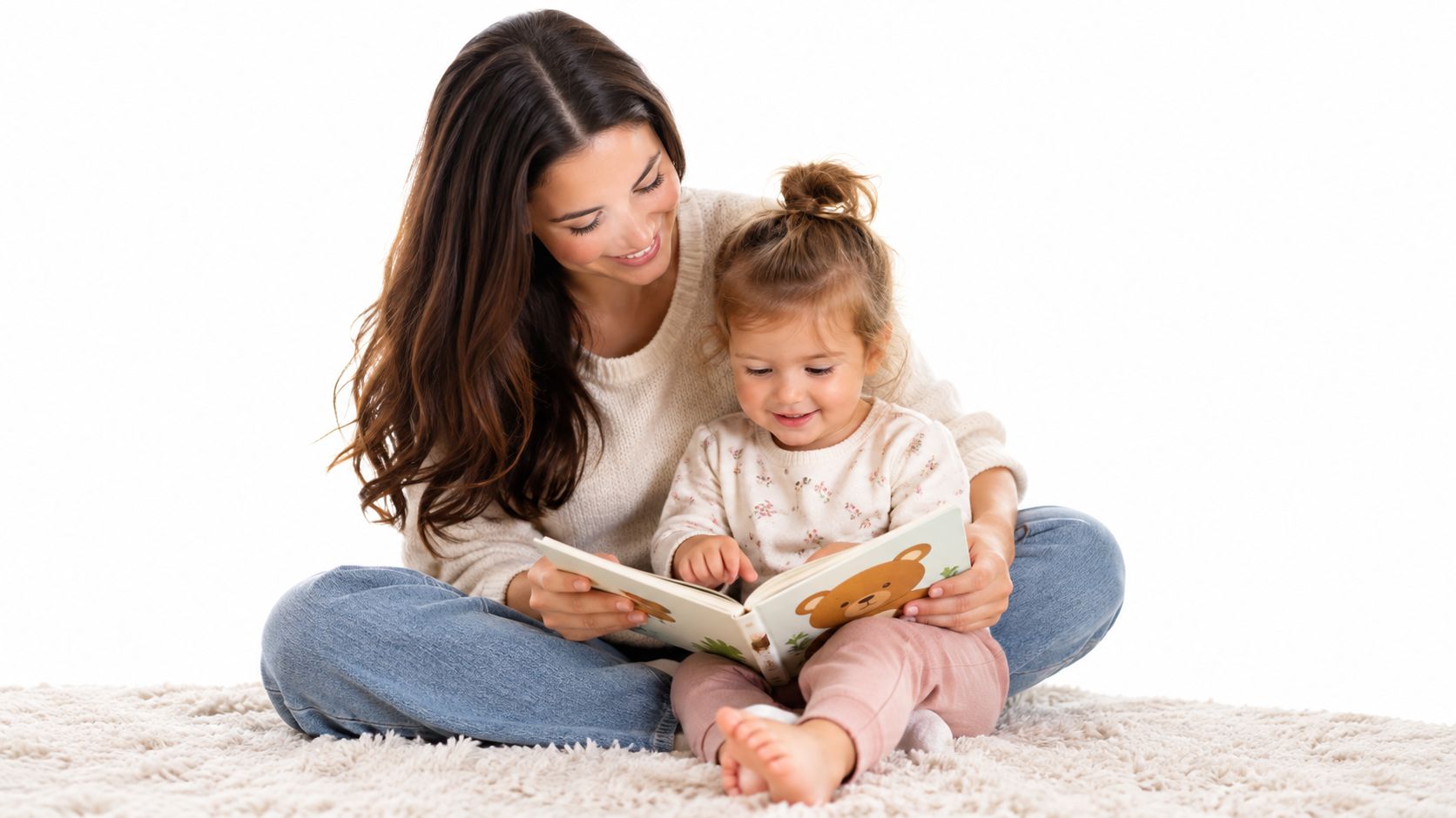 A caring mother sitting on a rug reading an illustrated children's book to her young toddler daughter.
