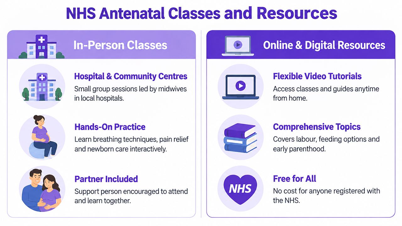 An informative infographic detailing NHS antenatal classes, including in-person sessions and online digital learning resources for parents.