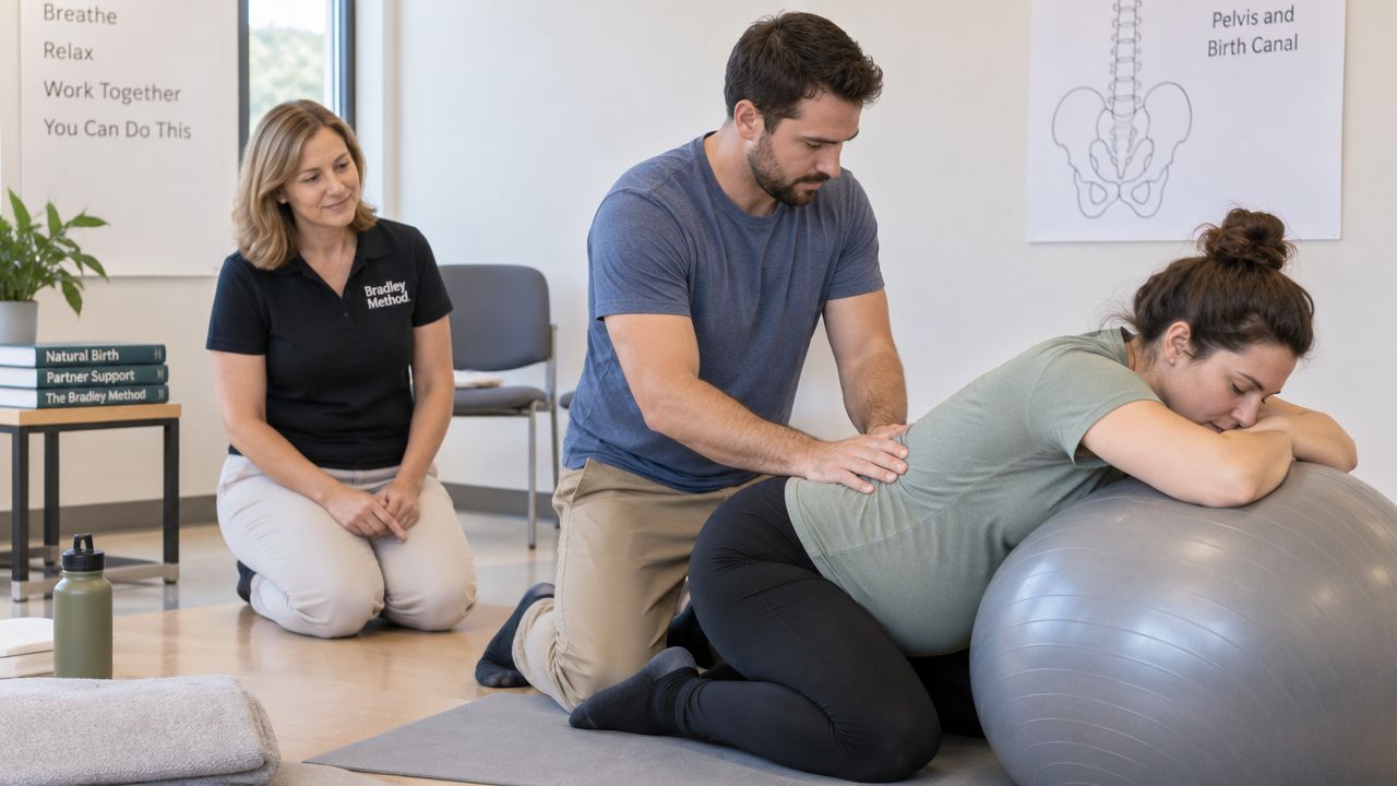 A pregnant woman leans on a birthing ball while a partner provides support during antenatal education class.