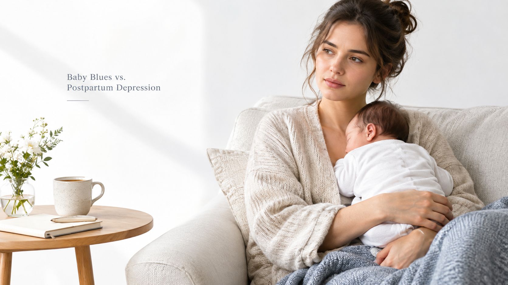 A young mother holds her sleeping baby while sitting on a comfortable chair, looking thoughtful and reflective.