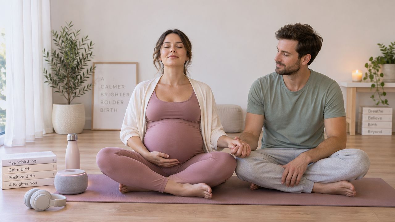 A pregnant woman and her partner practicing mindfulness and meditation on a yoga mat at home.