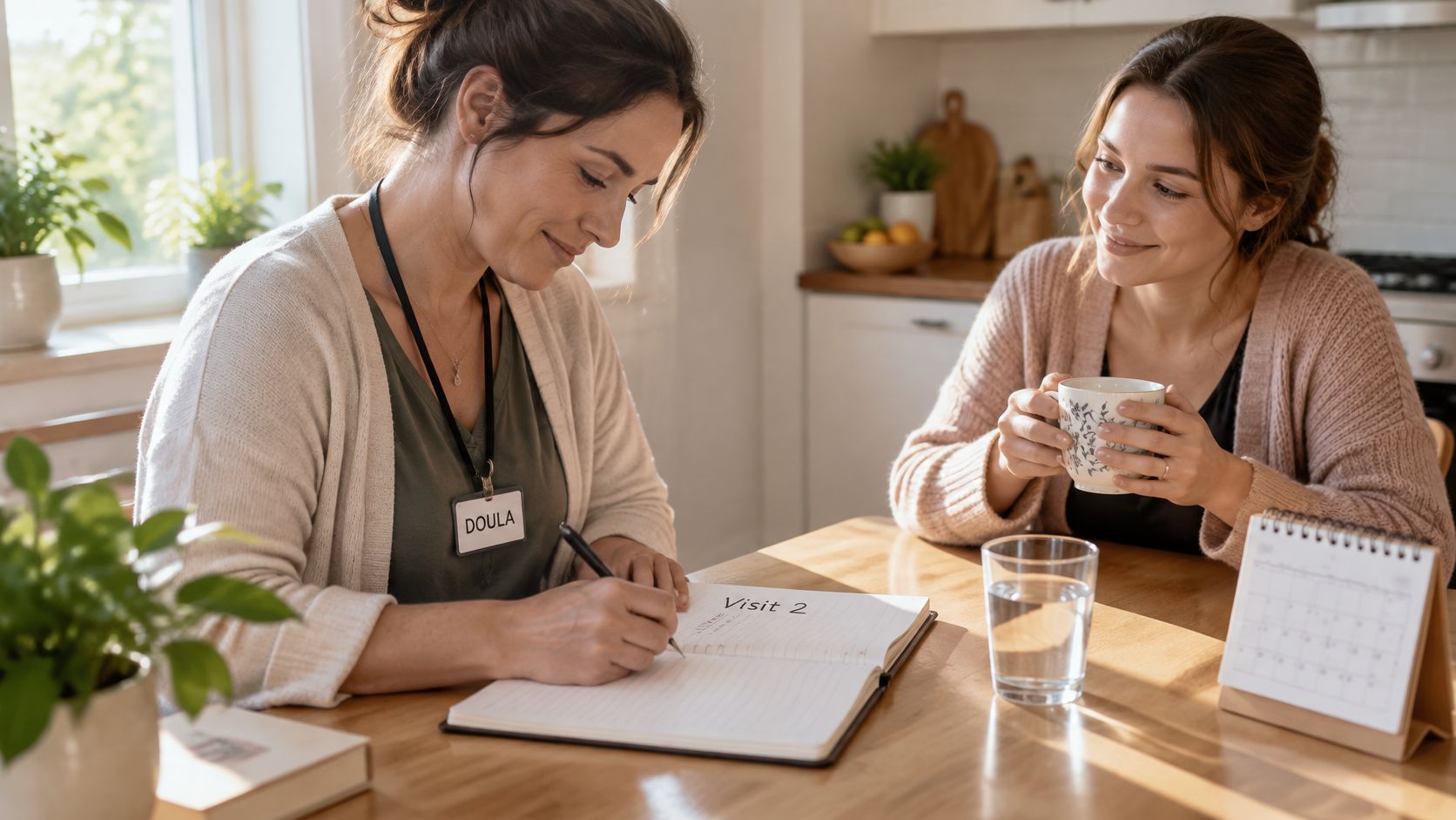A professional doula takes notes in a notebook during a prenatal or postpartum home visit consultation.