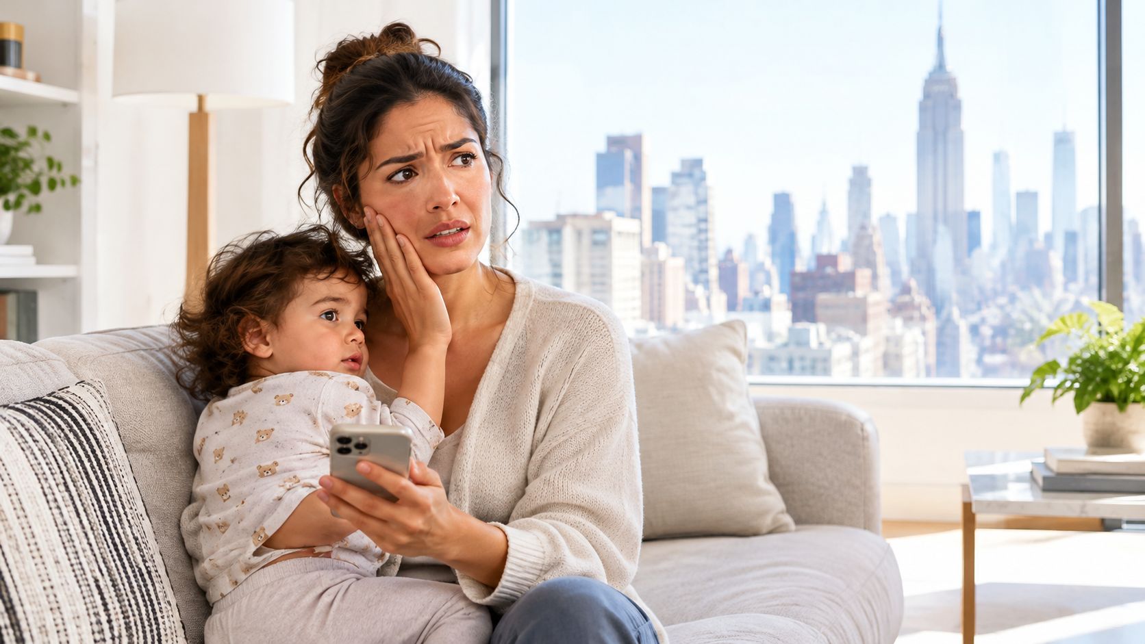 A concerned mother holding a toddler in her arms while looking distressed and using a smartphone.