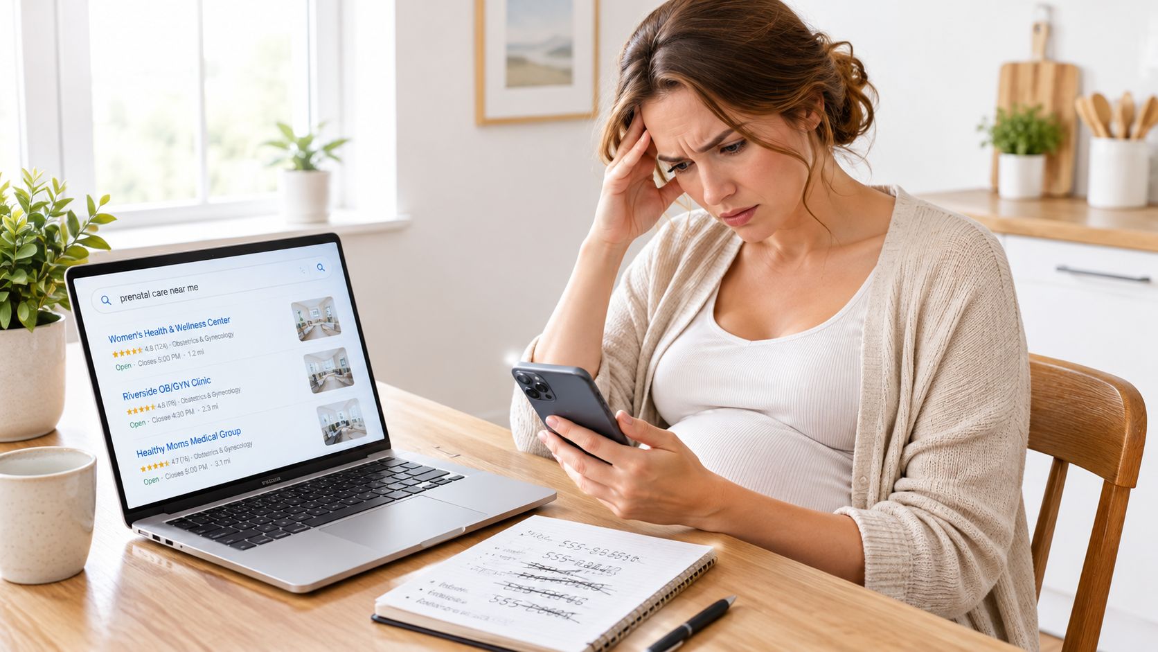 A pregnant woman looks stressed while researching medical providers for prenatal care on her laptop and phone.