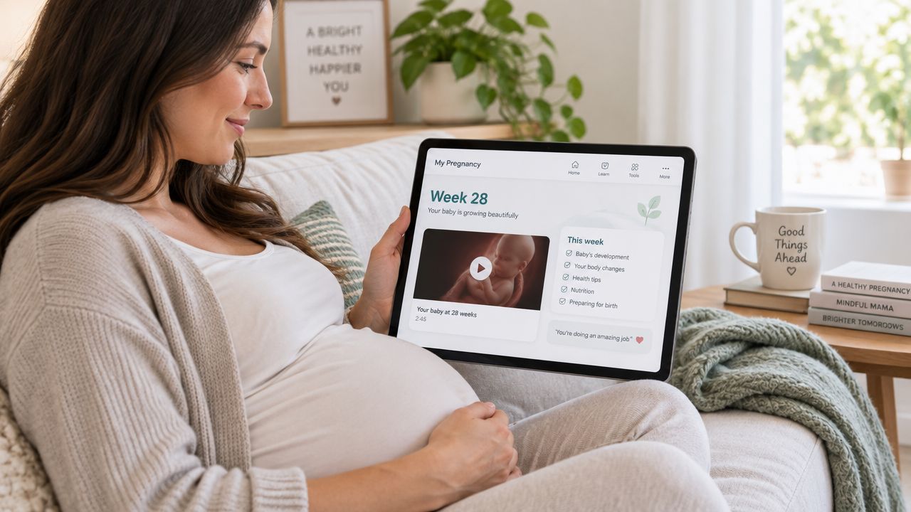 A pregnant woman sitting on a couch while using a digital tablet for antenatal education resources.