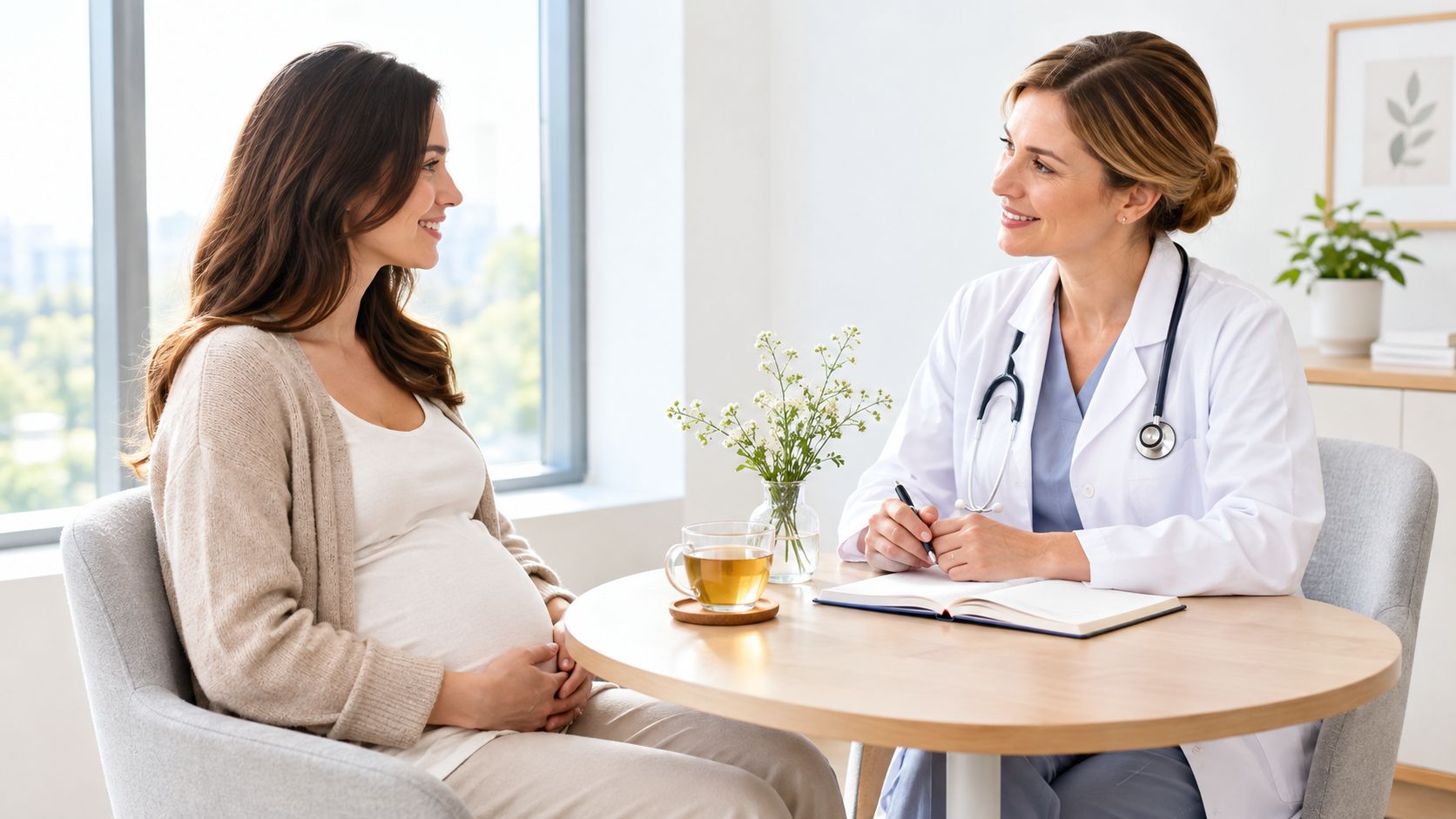 A pregnant woman having a consultation with her doctor while sitting at a table with herbal tea.