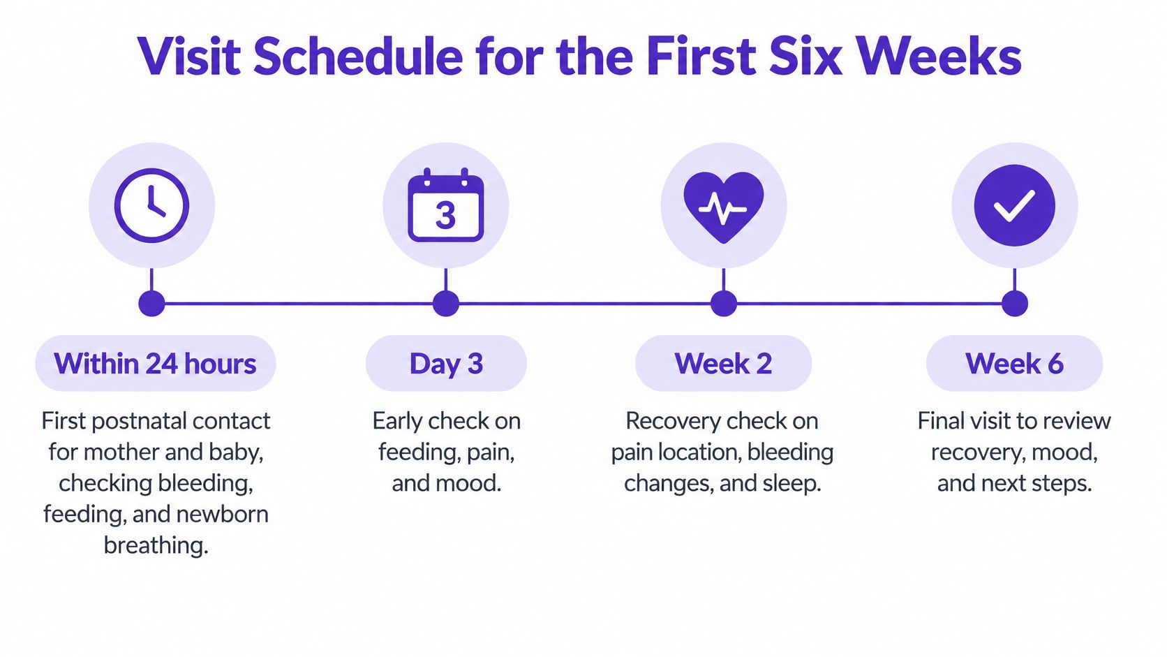 A postnatal visit schedule timeline showing checkups within 24 hours, day 3, week 2, and week 6.