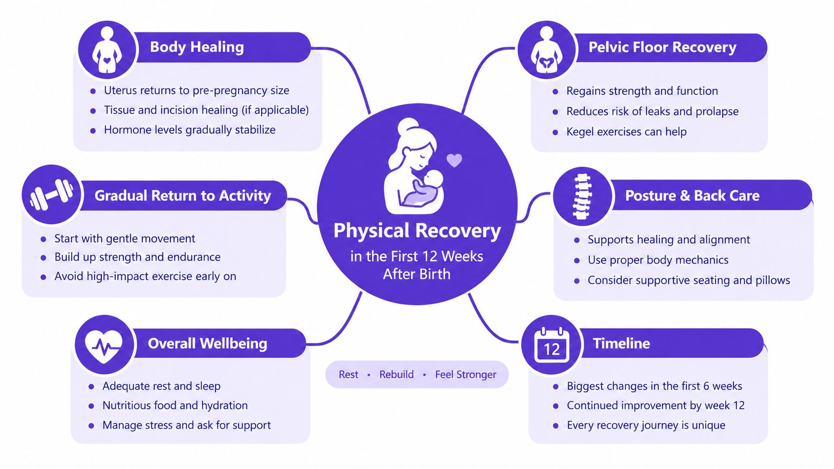 An infographic detailing essential postpartum physical recovery tips during the first twelve weeks after giving birth.