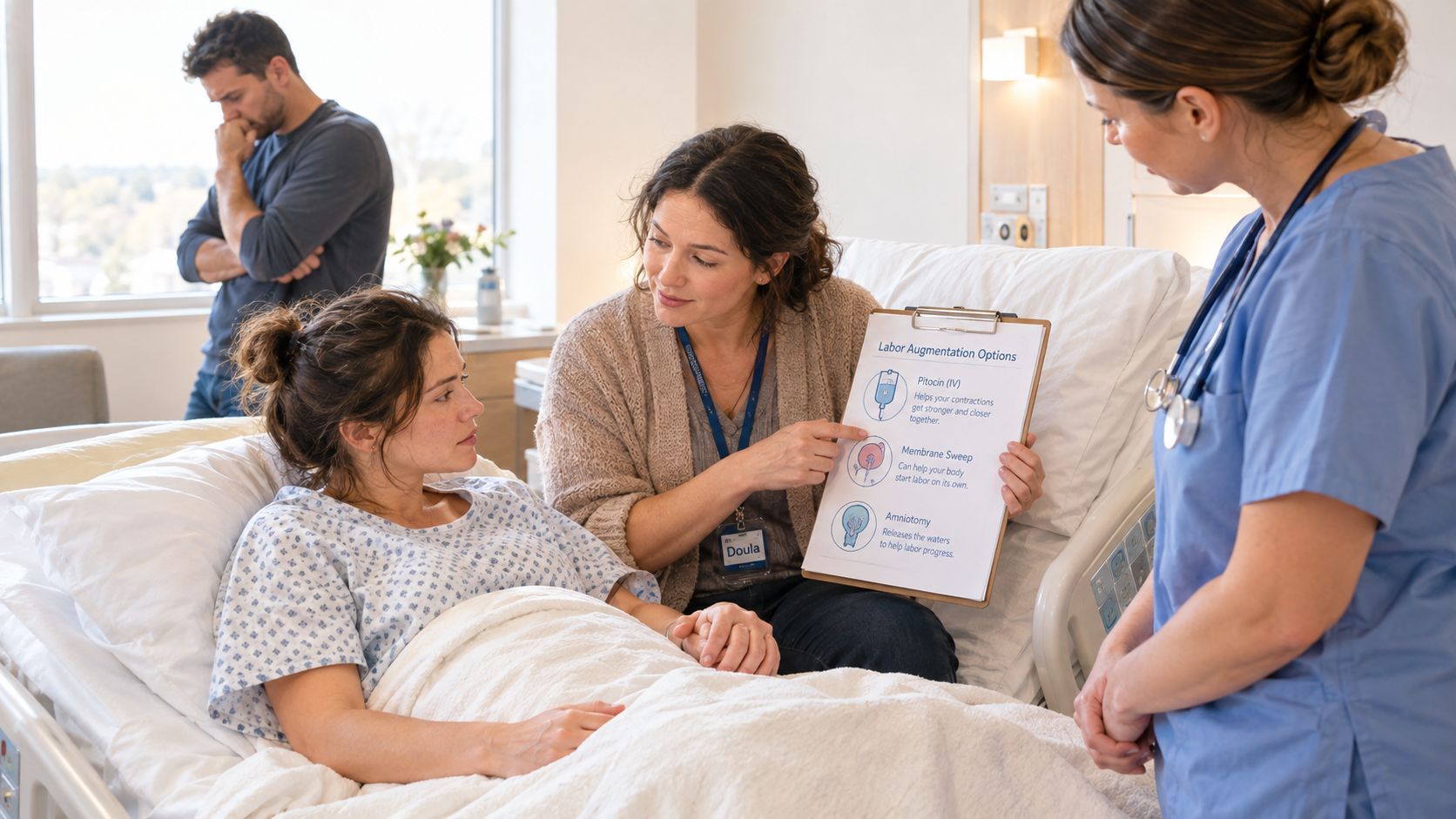 A doula points to a labor options chart while explaining procedures to a pregnant woman in a hospital.