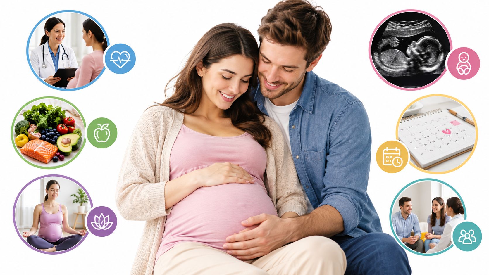 A happy pregnant couple surrounded by icons representing medical care, healthy food, prenatal yoga, ultrasounds, and appointments.