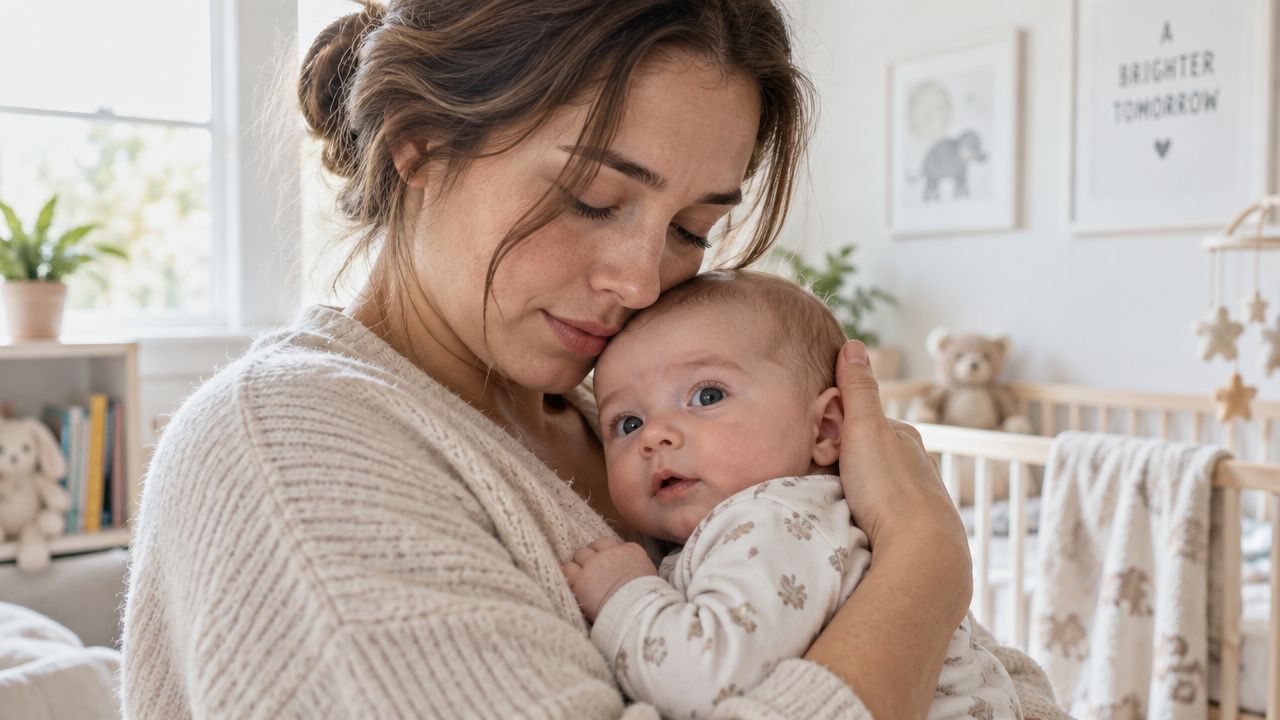 A gentle mother tenderly holding and comforting her high need newborn baby in a cozy, bright nursery.