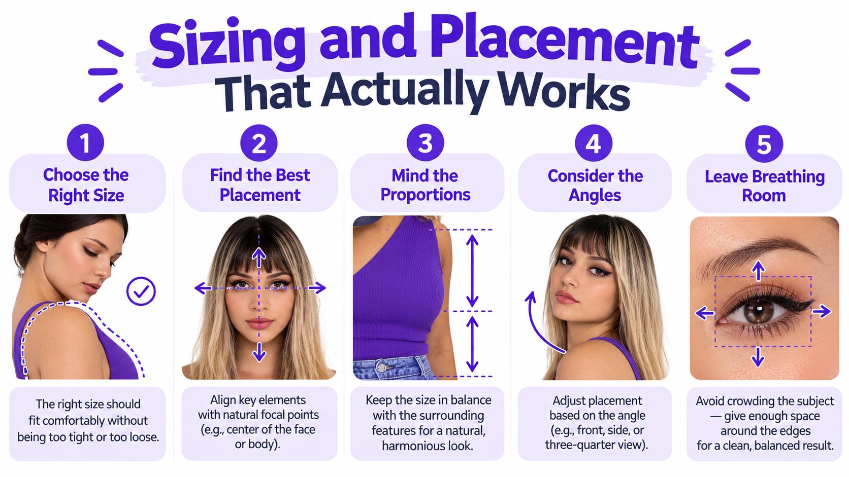 An infographic titled Sizing and Placement That Actually Works with five tips for balanced visual design.