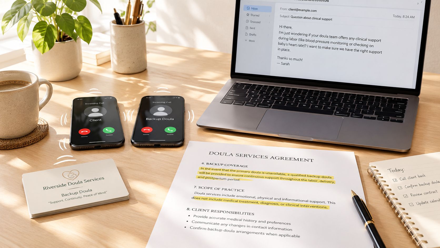 A professional desk workspace featuring a laptop, phone calls, and a doula services contract document.