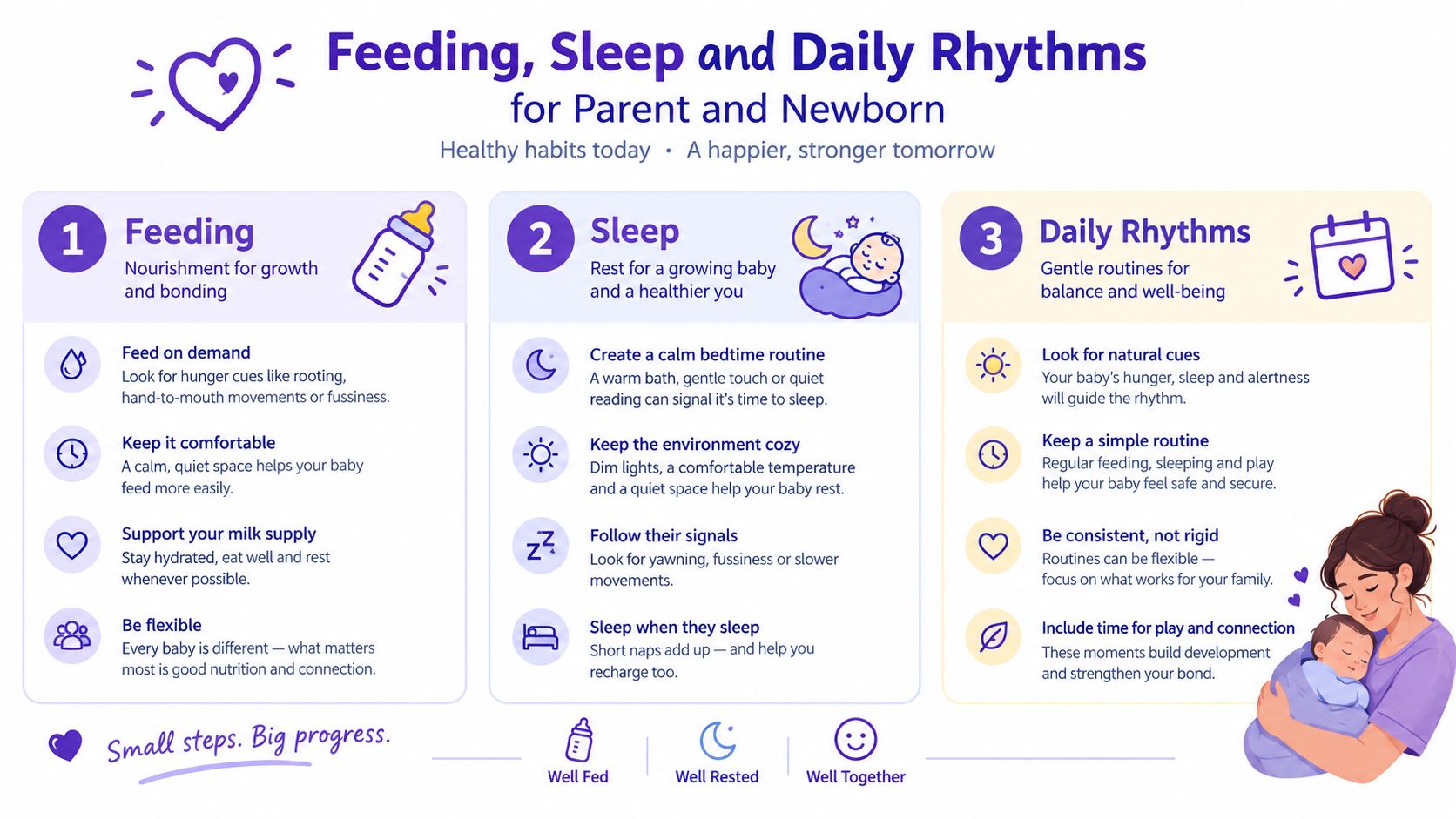 An infographic titled Feeding, Sleep and Daily Rhythms for Parent and Newborn, providing helpful newborn care tips.