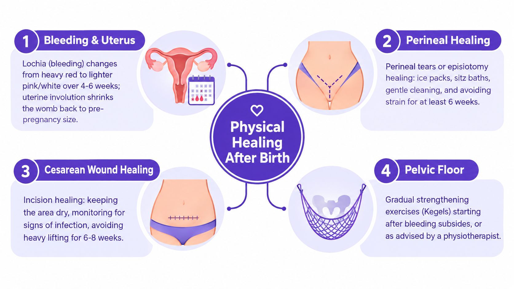 An infographic detailing physical healing processes after childbirth, including uterine recovery, perineal healing, cesarean recovery, and pelvic floor strengthening.