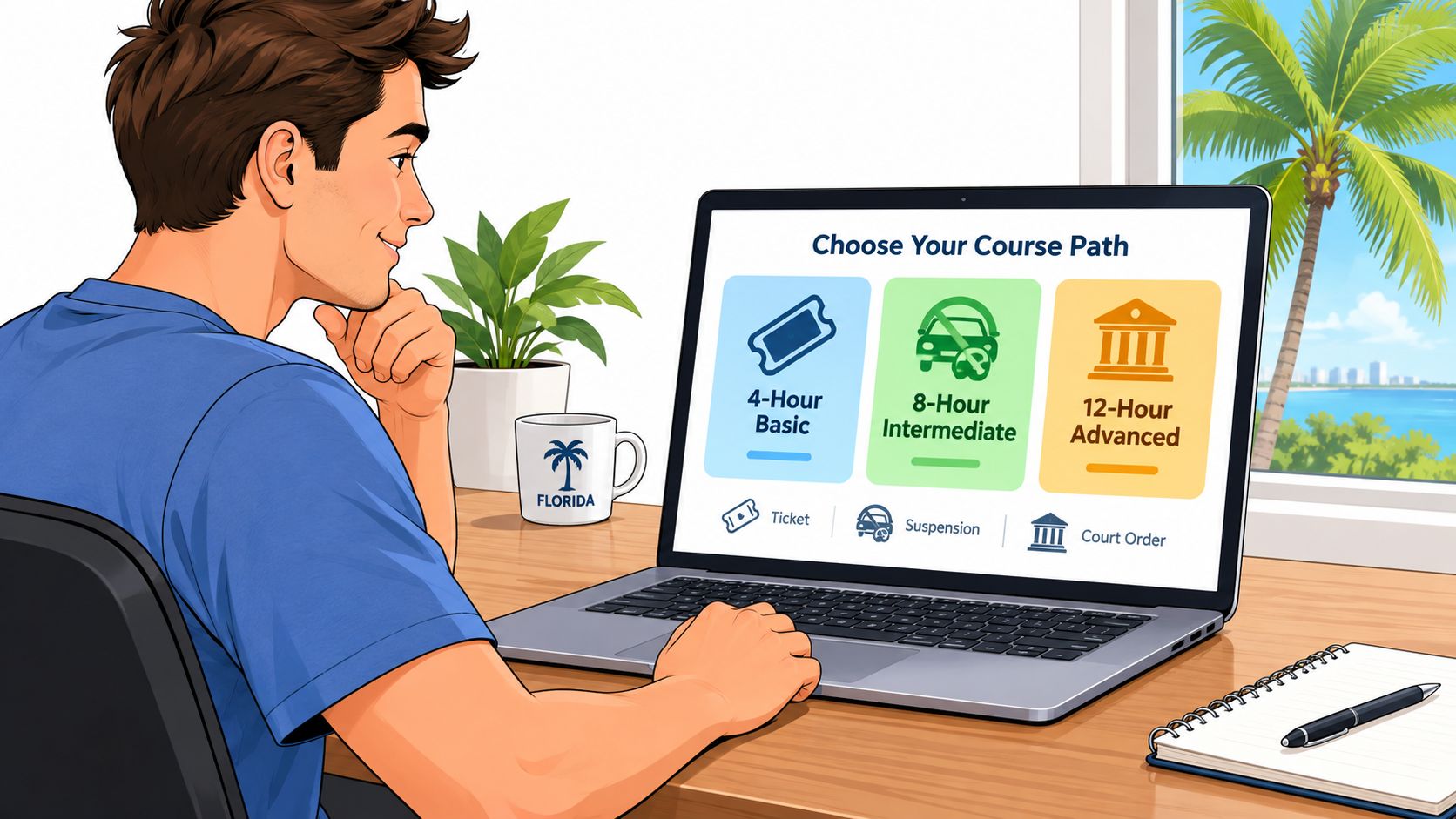 A young man sitting at a desk looking at a laptop screen displaying driving course options.