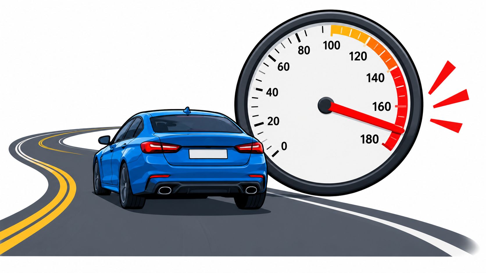 A blue sports car driving on a road next to a large, fast-moving speedometer illustration.