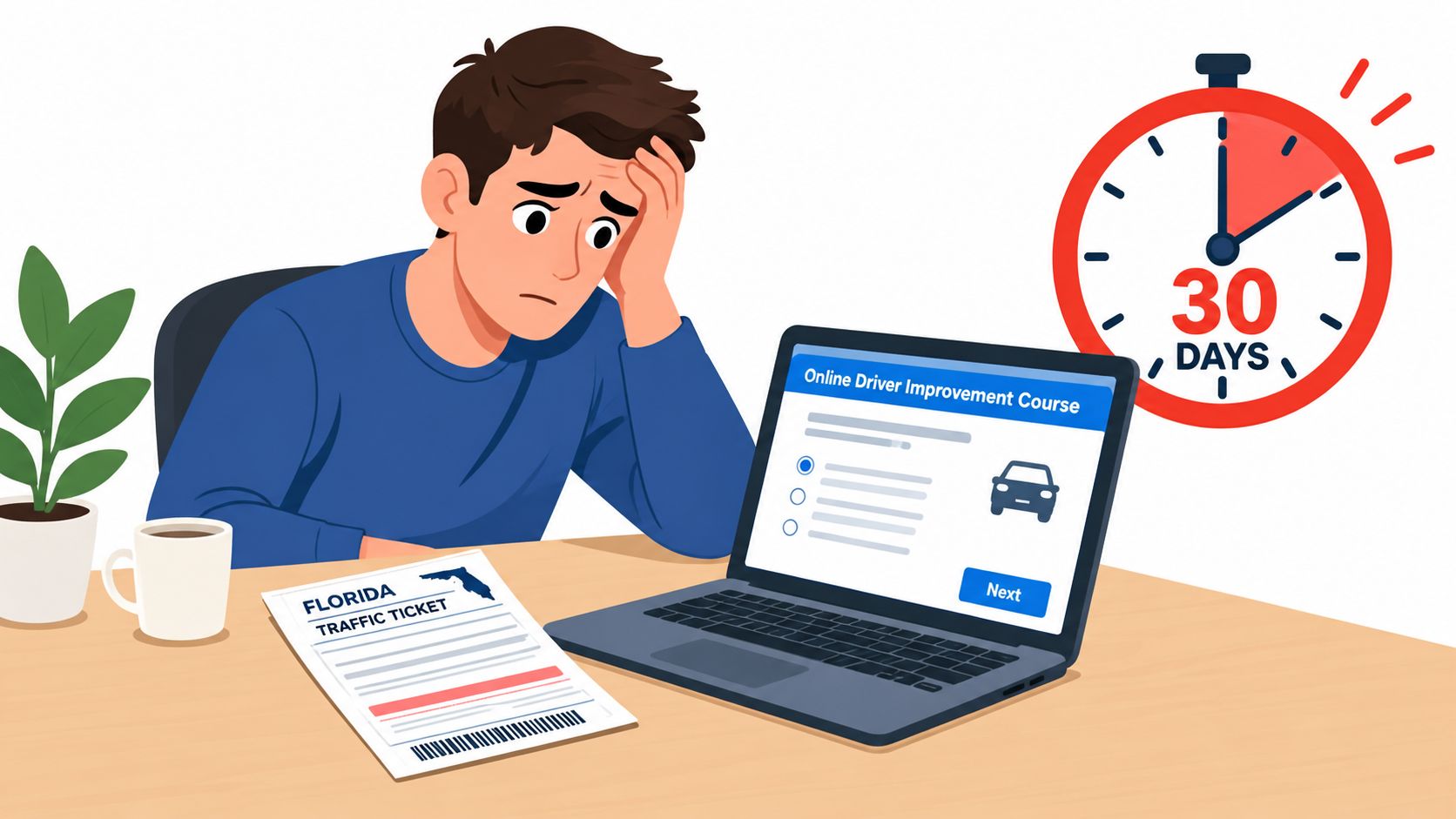 A stressed man taking an online driver improvement course at his desk next to a traffic ticket.
