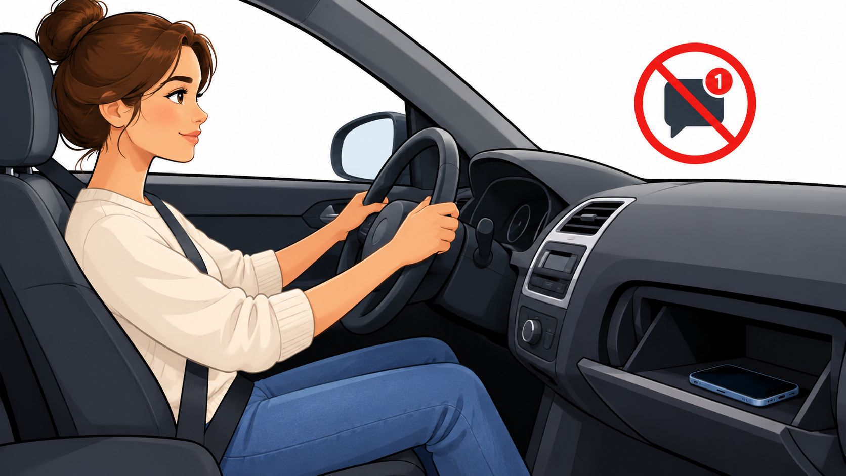 A woman driving a car safely with her mobile phone stored securely inside the open glove compartment.