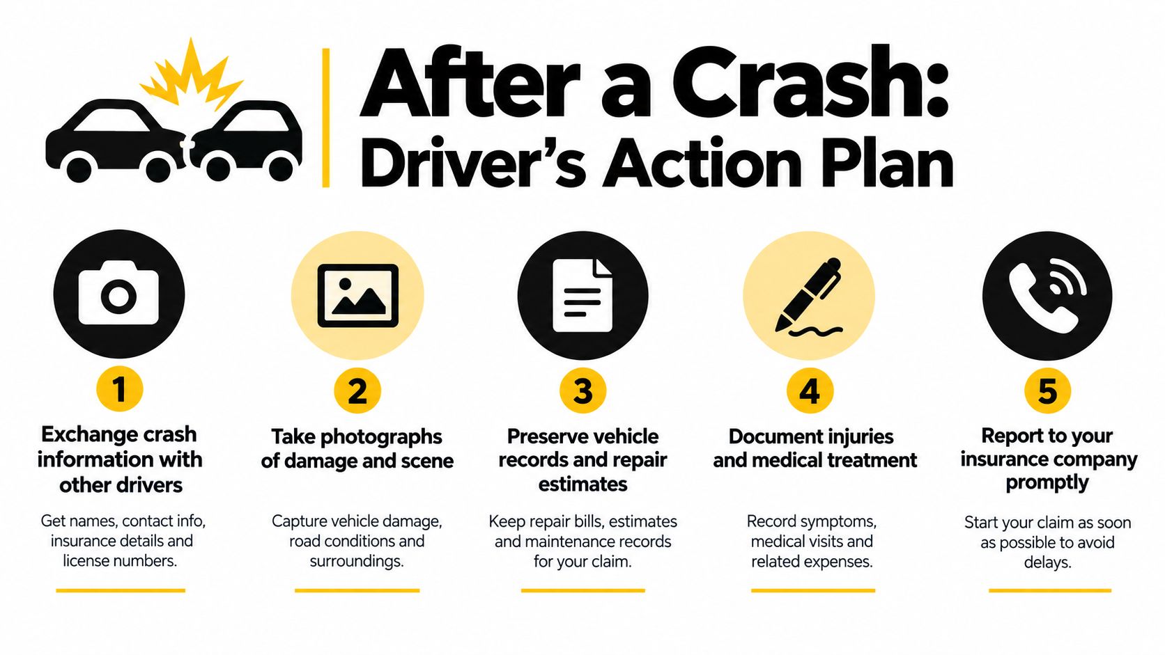An infographic outlining five essential steps for drivers to take immediately following a vehicle accident.