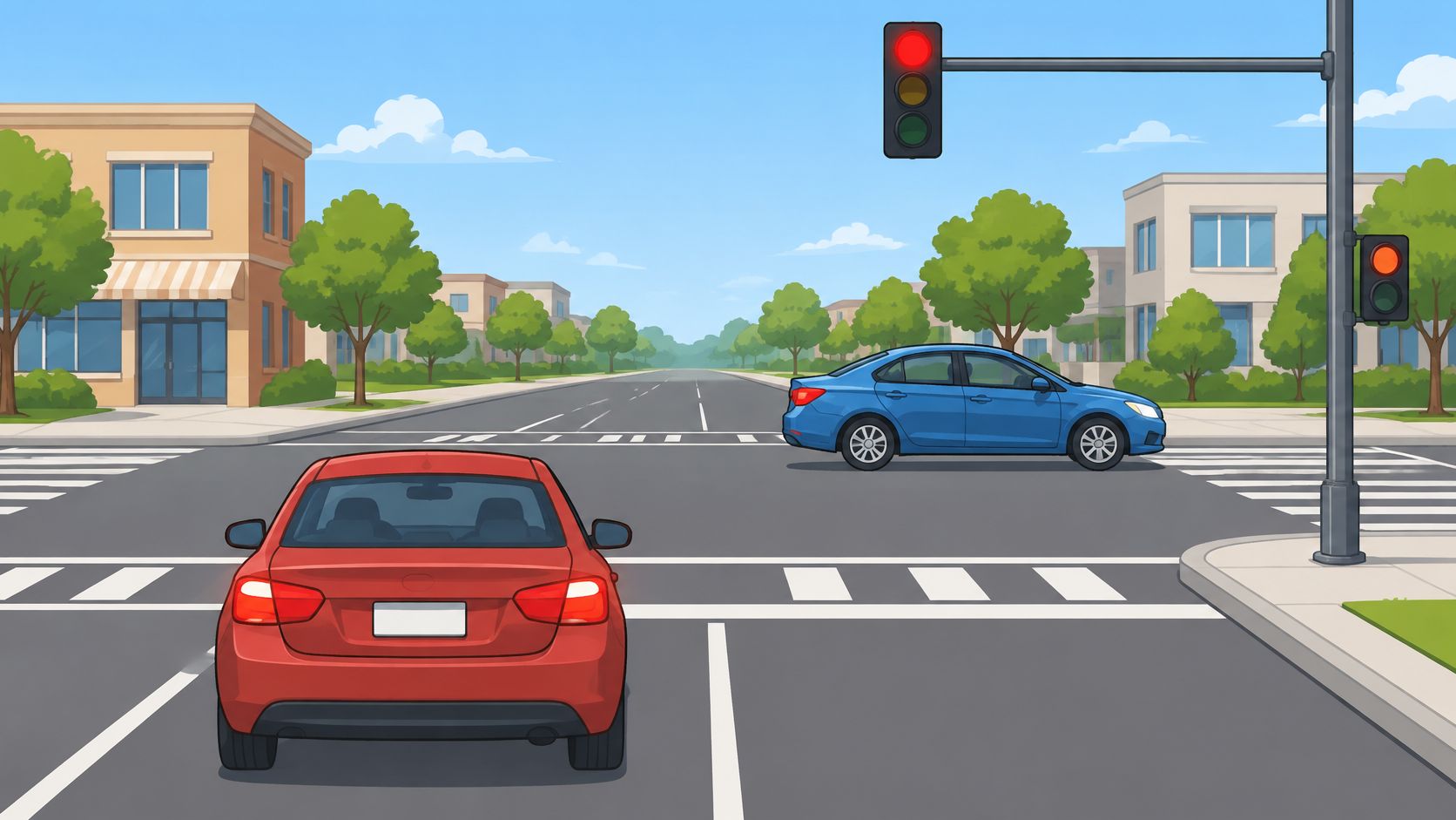 A red car is stopped at a red light while a blue car drives through the intersection.